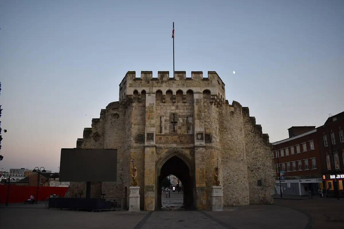 The medieval Bargate in Southampton at dusk